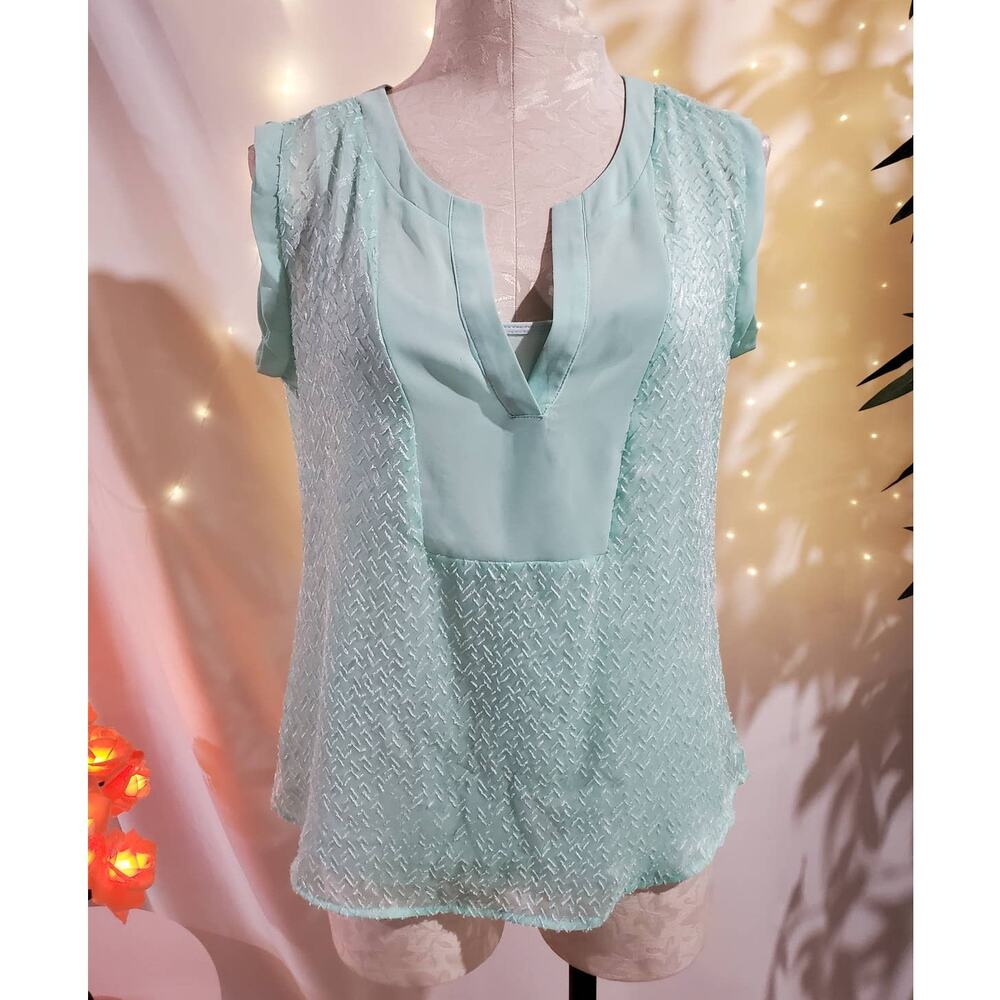 Lord & Taylor 2 Piece Blouse Tank Set Pastel Aqua Blue Top Womens Size M Petite